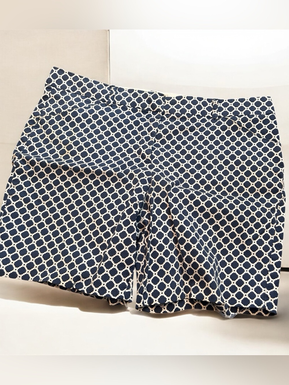 Navy and White Geometric Printed Cotton Beach Shorts